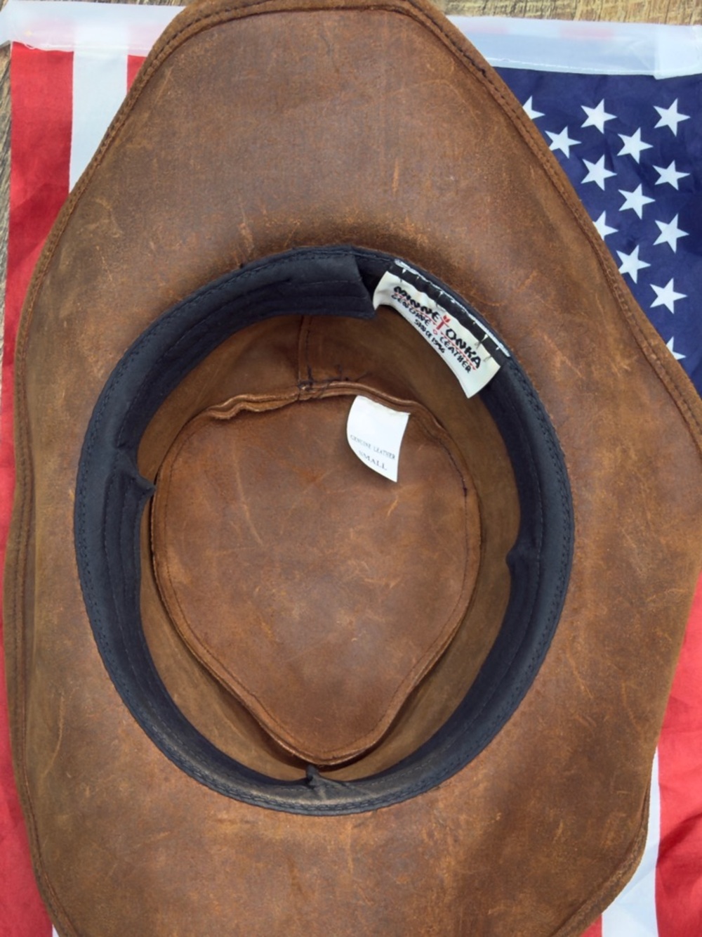 Minnetonka Leather Hat Brown Leather Outback Bush Western Braid Band USA  Size S - Picture 3 of 8